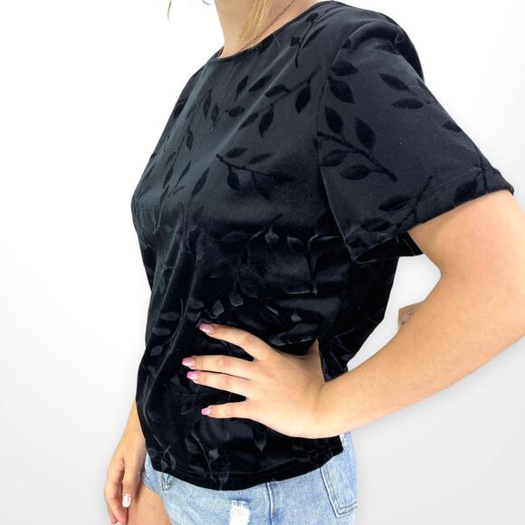 90s ROBBIE BEE Vintage Black Floral Printed Velvet Short Sleeve T-shirt - Picture 5 of 7